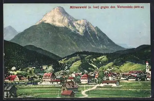 AK Mittenwald a. Isar, Ortsansicht gegen den Wettenstein