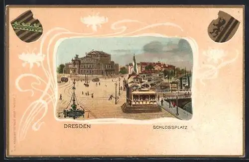 Passepartout-Lithographie Dresden, Partie am Schlossplatz, Wappen