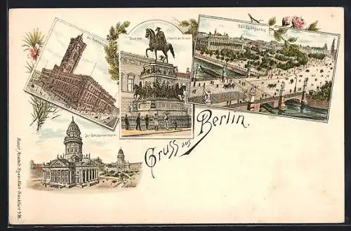 Lithographie Berlin, Gendarmenmarkt, Lustgarten, Rotes Rathaus, Denkmal Friedrich des Grossen