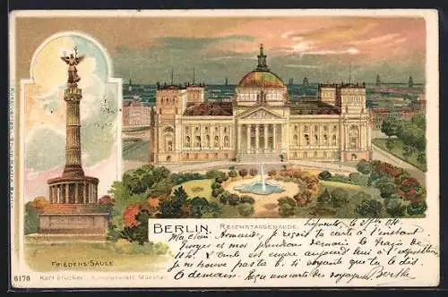 Lithographie Berlin-Tiergarten, Reichstaggebäude, Friedens-Säule