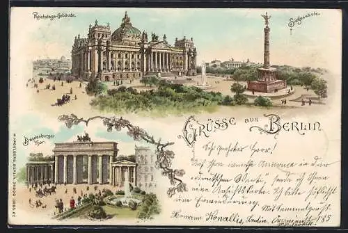 Lithographie Berlin, Reichstags-Gebäude, Siegessäule und Brandenburger Tor