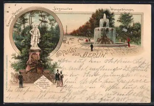 Lithographie Berlin-Tiergarten, Partie am Wrangelbrunnen, Lessing-Denkmal