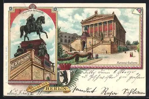 Lithographie Berlin, National-Galerie und Denkmal Friedrich Wilhelm IV, Wappen der Stadt