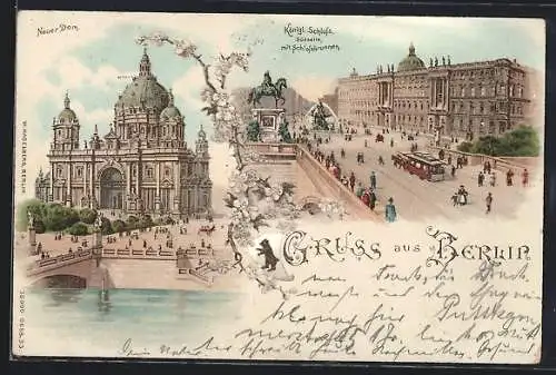 Lithographie Berlin, kgl. Schloss mit dem Schlossbrunnen, am neuen Dom