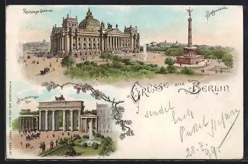 AK Berlin-Tiergarten, Siegessäule, Brandenburger Tor, Reichstags Gebäude
