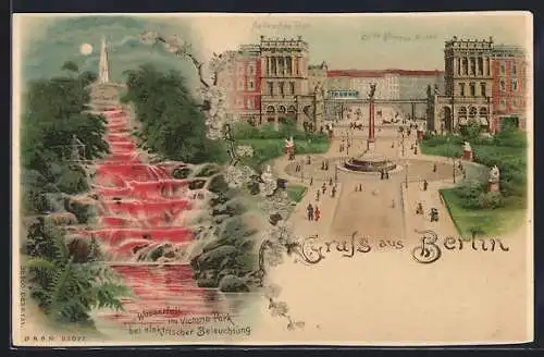 Lithographie Berlin-Kreuzberg, Hallesches Tor, Belle-Alliance-Platz, Wasserfall im Victoria-Park