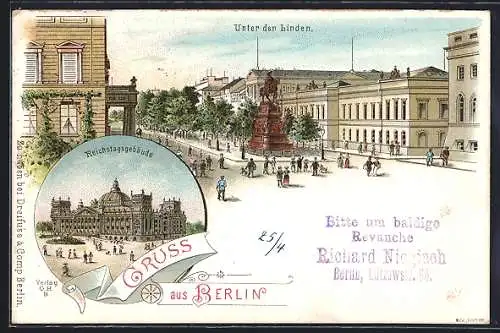 Lithographie Berlin, Unter den Linden mit Denkmal Friedrich der Grosse, Reichstagsgebäude