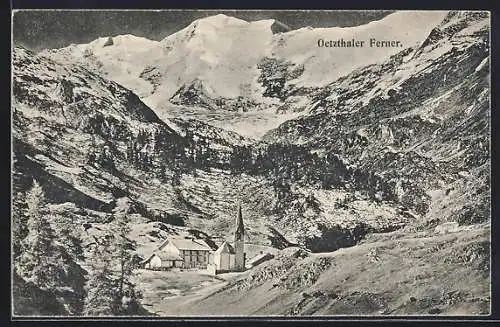 AK Oetz, Dorf und Blick auf Gletscher, Oetzthaler Ferner