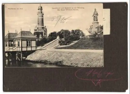 Fotografie unbekannter Fotograf, Ansicht Holtenau, Leuchtturm und Denkmal am Kaiser Wilhelm-Kanal, Ansichtskarten-Entwur