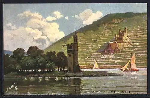 Künstler-AK Raphael Tuck &amp Sons Nr. 678 B: Bingen a. Rh., Mäuseturm mit Blick auf den Rhein