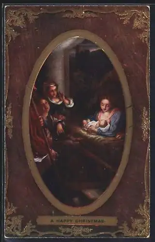 Künstler-AK Raphael Tuck & Sons Nr. 1753: Krippenszene im goldenen Rahmen, A Happy Christmas