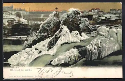 AK Schaffhausen, Rheinfall im Winter, Wasserfall