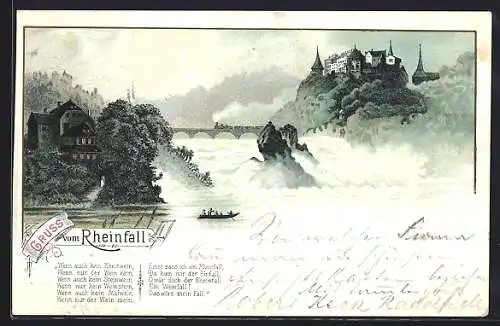 Lithographie Schaffhausen, Partie am Rheinfall, Eisenbahn