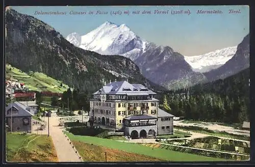 AK Canazei in Fassa, Dolomitenhaus mit dem Vernel und Marmolata