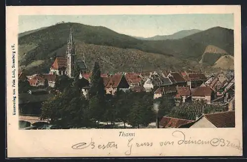 AK Thann, Totalansicht mit Bergpanorama und Brücke