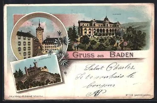 Lithographie Baden, Kurhaus, Burg Schartenfels, Gefängnisturm