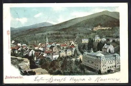 AK Badenweiler, Ortsansicht mit Kirche, Berge im Hintergrund