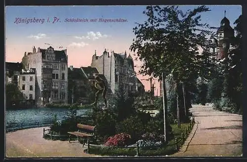 AK Königsberg i. Pr., Schlossteich mit Bogenschütze