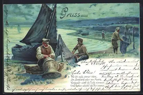 Lithographie Fischer bereiten Ihre Boote vor