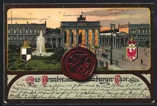 Lithographie Berlin, Brandenburger Thor, Bärensiegel und Wappen