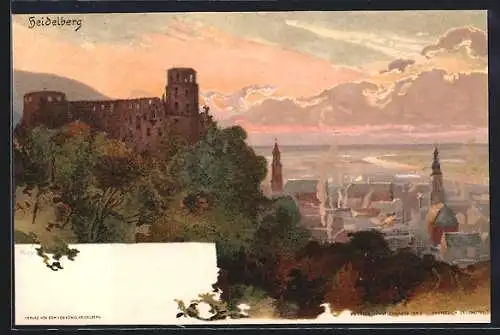 Künstler-Lithographie Heinrich Kley: Heidelberg, Teilansicht mit Ruine