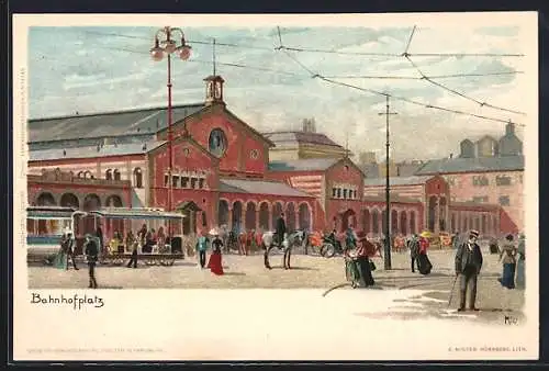 Künstler-AK Heinrich Kley: München, Bahnhofplatz mit Strassenbahn