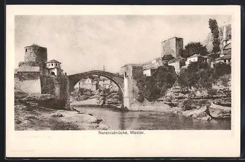 AK Mostar, Ortsansicht mit Narenta-Brücke