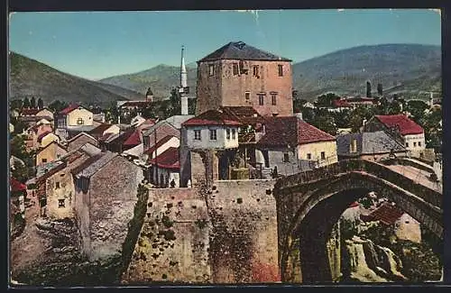 AK Mostar, Römerbrücke mit dem rechten Narentaufer