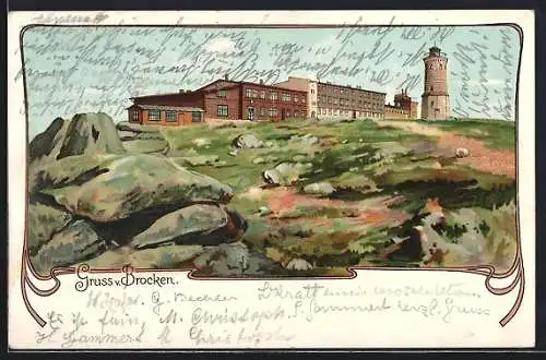 Lithographie Brocken, Blick zum Brocken-Hotel