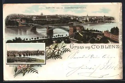 Lithographie Coblenz, Gesamtansicht mit der Eisenbahnbrücke