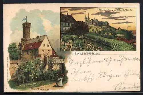 Lithographie Bamberg, Michaelsberg vom Residenzgarten gesehen u. Altenburg