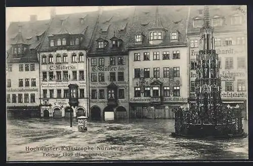 AK Hochwasser Nürnberg am 05. Februar 1909, der überflutete Hauptmarkt