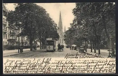 AK Berlin-Kreuzberg, Hasenheide mit Blick auf die Garnisonskirche, Strassenbahn