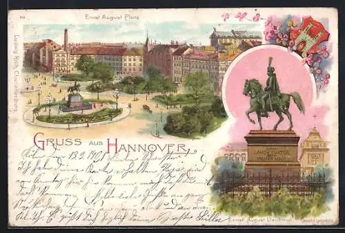 Lithographie Hannover, Ernst August Platz mit Ernst August Denkmal