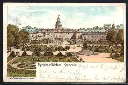 Lithographie Karlsruhe i. B., Parkanlagen vor dem Residenz-Schloss