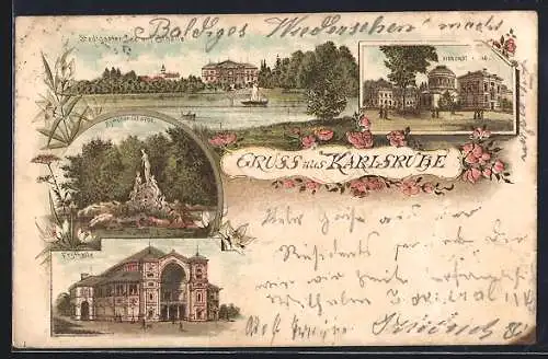 Lithographie Karlsruhe, Stadtgarten, Festhalle, Nymphen Gruppe