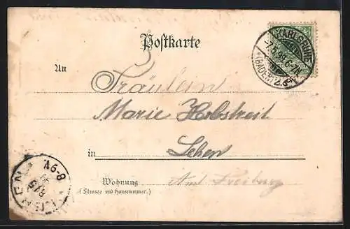Lithographie Karlsruhe, Stadtgarten, Festhalle, Nymphen Gruppe