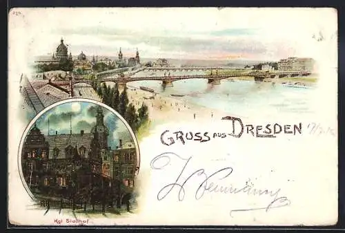 Lithographie Dresden, Kgl. Stallhof, Blick auf die Albertbrücke