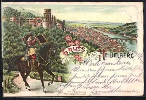 Lithographie Heidelberg / Neckar, Fanfarenbläser zu Pferde vor der Stadt