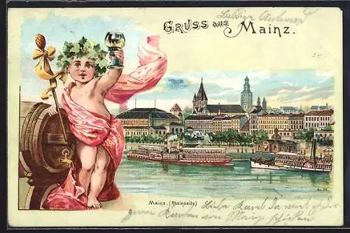 Lithographie Mainz, Rheinseite mit Dampfern, Kind mit Weinglas und Fass