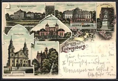 Lithographie Ludwigsburg / Württ., Königliches Schloss nördliche Front, Schloss Favorite, Monrepos