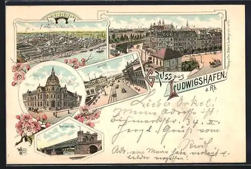 Lithographie Ludwigshafen a. Rh., Bahnhof, Post, Rheinbrücke und Sodafabrik