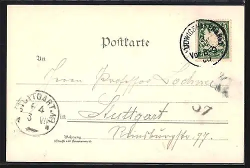 Lithographie Ludwigshafen a. Rh., Bahnhof, Post, Rheinbrücke und Sodafabrik