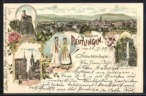 Lithographie Reutlingen, Ob. Wilhelmstrasse, Lichtenstein und Uracher Wasserfall