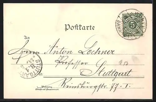 Lithographie Reutlingen, Ob. Wilhelmstrasse, Lichtenstein und Uracher Wasserfall