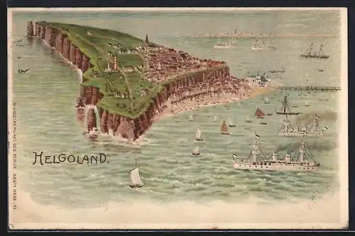 Lithographie Helgoland, Inselblick mit Strand und Schiffen