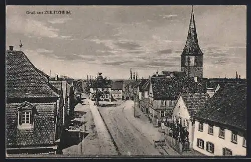 AK Zeilitzheim, Strassenpartie mit Kirche