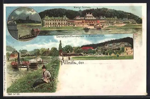 Lithographie Dresden-Pillnitz, Königl. Schloss, Dampfschifflandeplatz und Uferpartie