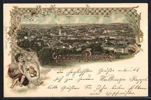 Lithographie Plauen / Vogtland, Teilansicht mit Kirche, Engel hält Wappen