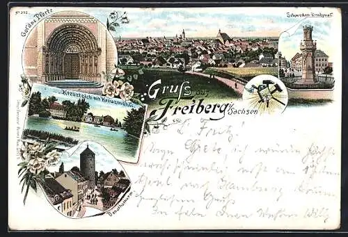 Lithographie Freiberg / Sachsen, Gesamtansicht, Schweden-Denkmal, Goldenen Pforte & Donathsturm